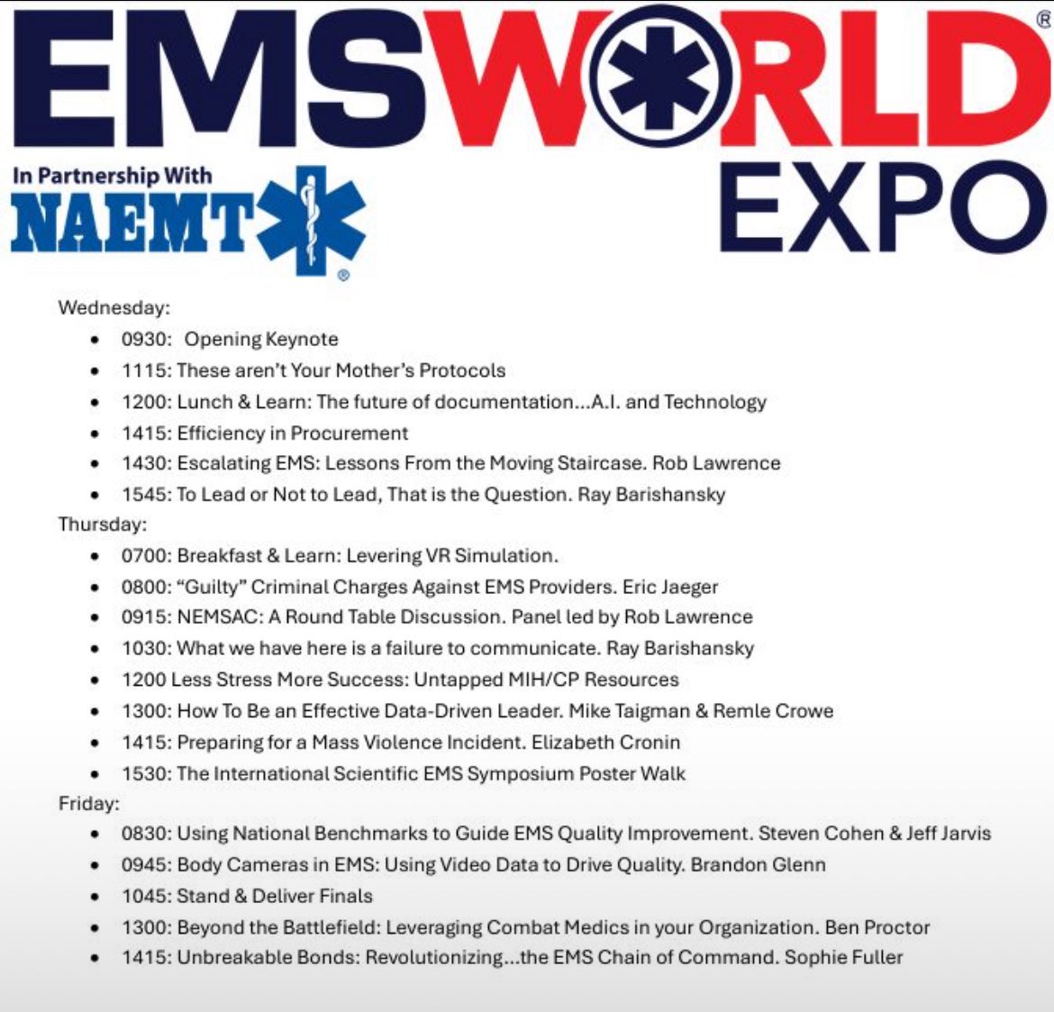 Alright EMS leaders, debating attending #EMSWorldEXPO?
Below is the list of classes I'd attend as a prehospital care thought leader looking to maximize my time in classes to bring implementable change
what are your not-to-miss leadership courses at this year's EMSWorld EXPO?