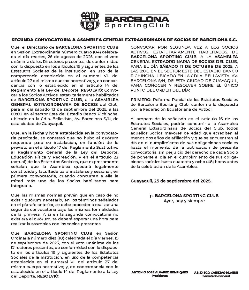 Y el sábado 11 de octubre los <a href="/sociosbsc/">SOCIOS BSC</a> de <a href="/BarcelonaSC/">BARCELONA S.C.</a> tenemos una Asamblea para "Reforma de los Estatutos Sociales de BSC conforme lo dispuesto por la FEF" (Innecesario porque actual estatuto prevee como actuar)

Necesitamos otro tipo de manejo INSTITUCIONAL para el equipo