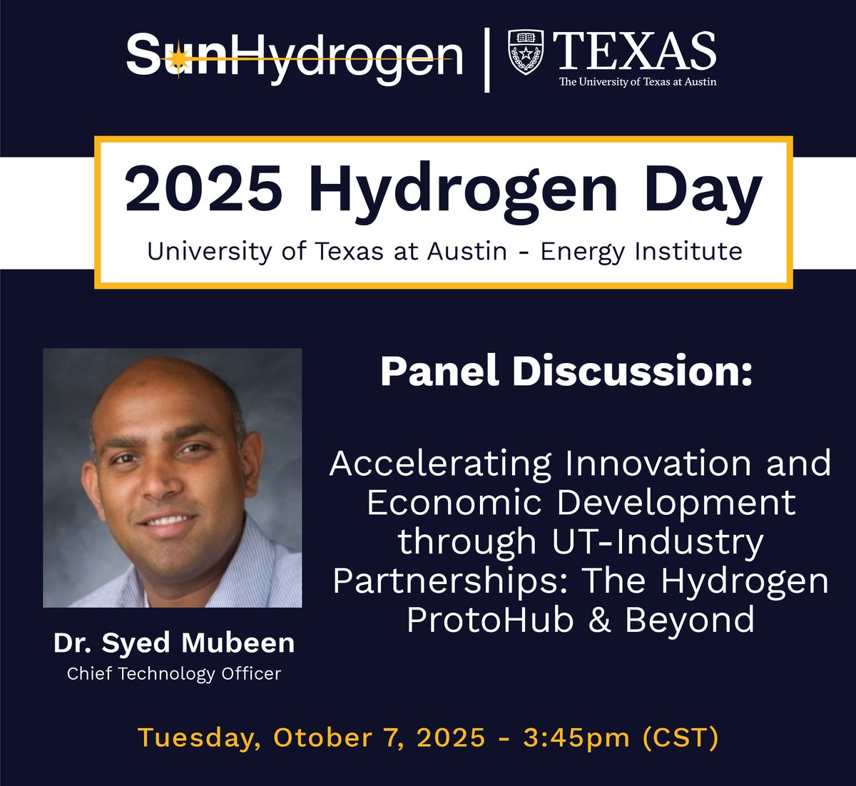 We’re excited to share that CTO Dr. Syed Mubeen will join the panel “Accelerating Innovation &amp; Economic Development: The Hydrogen ProtoHub &amp; Beyond” at #HydrogenDay2025, UT Austin.

📅 Oct 7 | 🕒 3:45 PM
👉 energy.utexas.edu/hydrogen-day-2…

#RenewableHydrogen #CleanEnergy