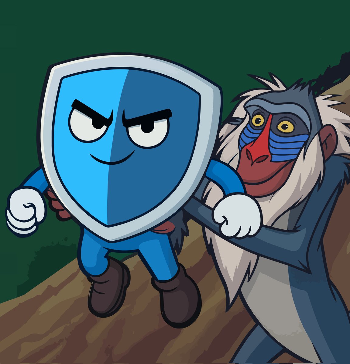 Shield meme coin illustration featuring a blue shield character held by Rafiki from The Lion King