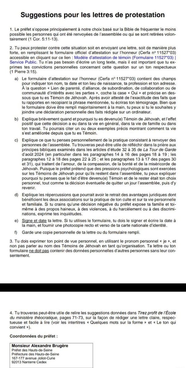 M. Brugère <a href="/Prefet92/">Préfet des Hauts-de-Seine 🇫🇷🇪🇺</a> , attendez-vous à recevoir une flopée de courriers commandés et formatés par l'organisation des Témoins de Jéhovah.
Courriers qui vous confirmeront le traitement ignoble réservé à ceux qui quittent cette religion, les dissuadant ainsi de le faire.