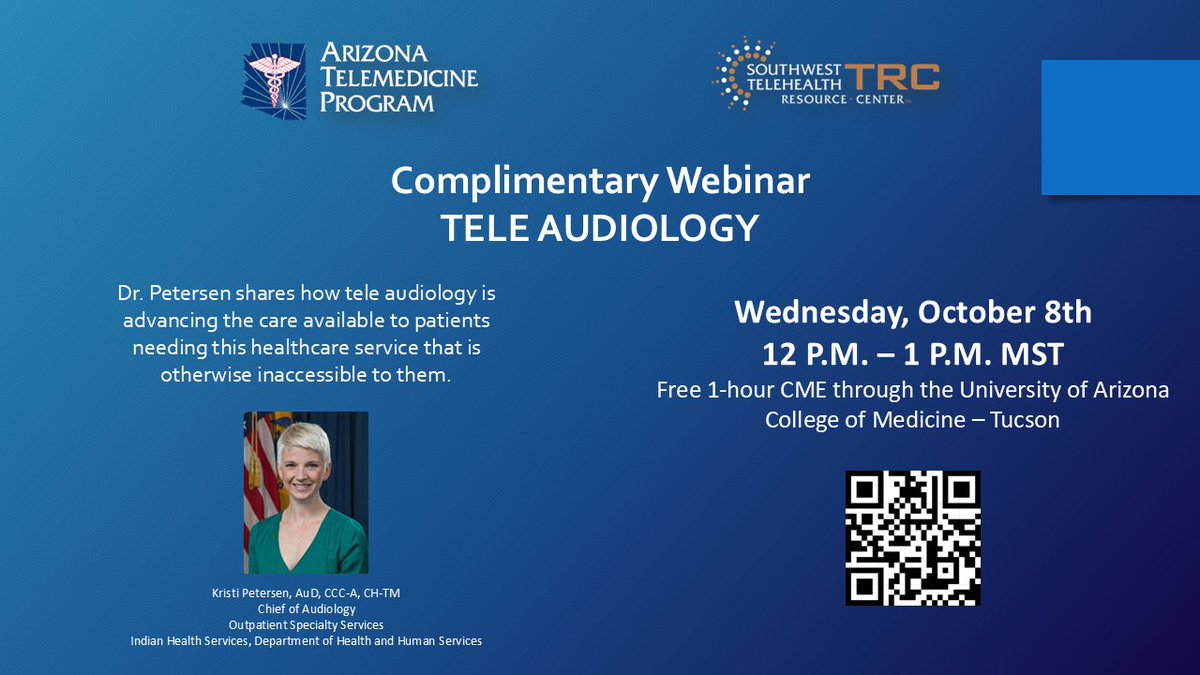 🎧 Teleaudiology Webinar 📅 Oct 8 | 🕛 12–1 PM MST | 📍 Zoom Join Dr. Kristi Petersen to learn about teleaudiology:
✅ Benefits 
🛠️ Best practices 
🚧 Challenges &amp; solutions 
🎓 Free CME credit available!
🔗 Register: arizona.zoom.us/webinar/regist…
#Audiology #Telehealth #HearingHealth