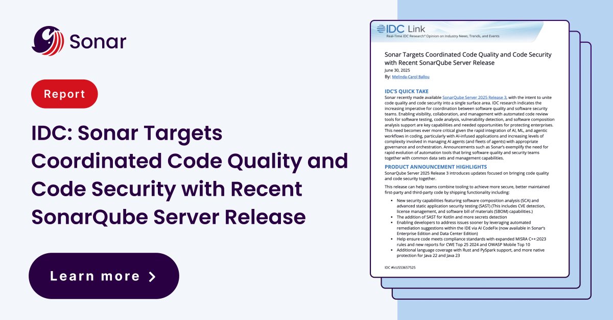 SonarSource's tweet image. AI-generated code has a 40% remediation rate, says a new @IDC report! 🤖
The report dives into how #SonarQube provides the unified #CodeQuality & #CodeSecurity needed to ship better, safer code in the AI era.
Read IDC's analysis 👉 bit.ly/46yHgPE
#DevSecOps #AI
