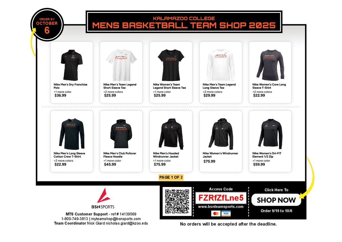 Interested in purchasing Kalamazoo Basketball apparel? Our annual team shop closes tonight at midnight! All orders ship to home. bit.ly/3KsyVFK
