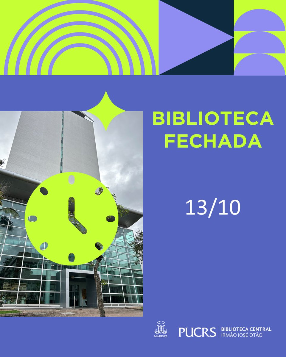 Biblioteca PUCRS (@bibliotecapucrs) on Twitter photo Informamos que a Biblioteca Central da PUCRS estará fechada no dia 13 de outubro (segunda), conforme indicado no Calendário da Universidade: portal.pucrs.br/sou-aluno/#cal…. Informamos que a Biblioteca Central da PUCRS estará fechada no dia 13 de outubro (segunda), conforme indicado no Calendário da Universidade: portal.pucrs.br/sou-aluno/#cal….
