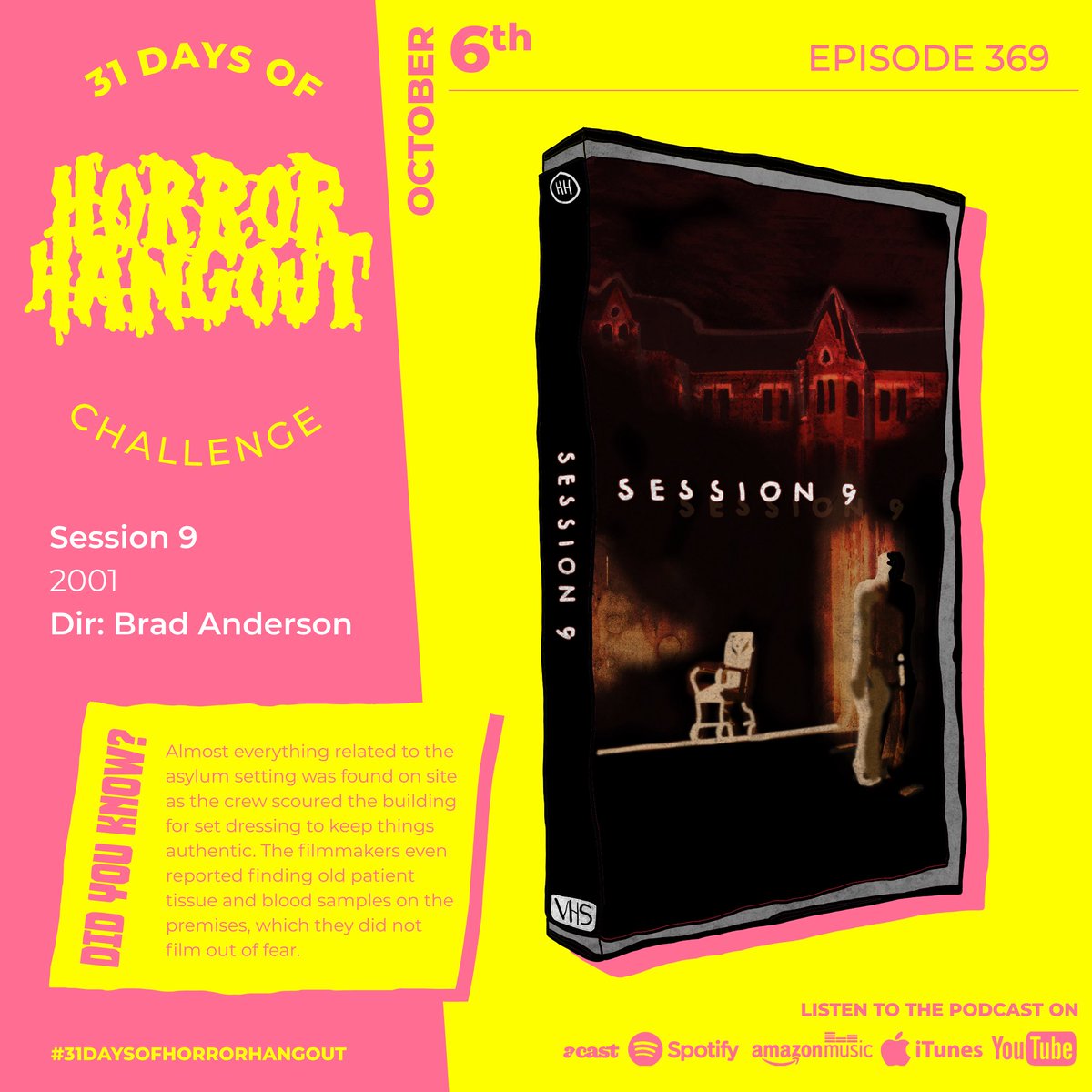 horror_hangout_'s tweet image. #31DaysOfHorrorHangout - DAY 6

#Session9 (2001)
Dir: Brad Anderson

An asbestos cleaning crew work in an abandoned mental hospital with a horrific past.

Listen to #HorrorHangout episode 369!

Featuring special guest Guy Pearson. 

horrorhangout.co.uk