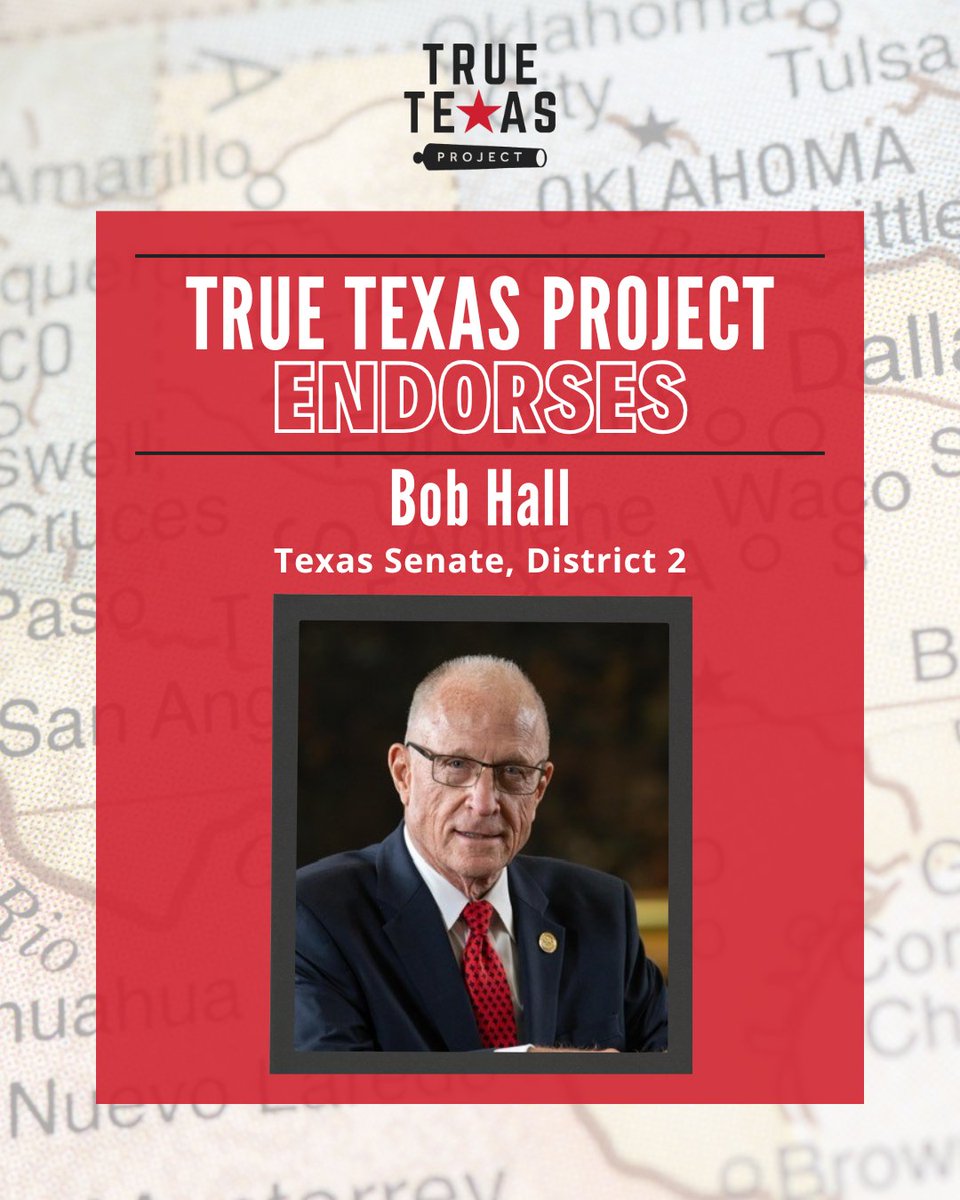 SenatorBobHall's tweet image. I’m proud to be endorsed by @TrueTXProject , an organization dedicated to preserving liberty and holding elected officials to conservative principles.
In every vote and every bill, I’ve worked to protect medical freedom, election integrity, border security, expand personal…