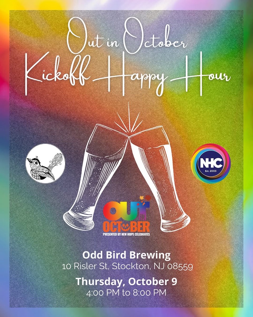 Kick off #OUTinOctober this Thurs, Oct 9 from 4–8 PM at @OddBirdBrewing (10 Risler St., Stockton, NJ) 🍻
Celebrate living OUT &amp; proud, proceeds benefit The Rainbow Room 💕
No tix needed, RSVP: tinyurl.com/w6rupey9
#NewHopeCelebrates #LGBTQyouth #OddBirdBrewing