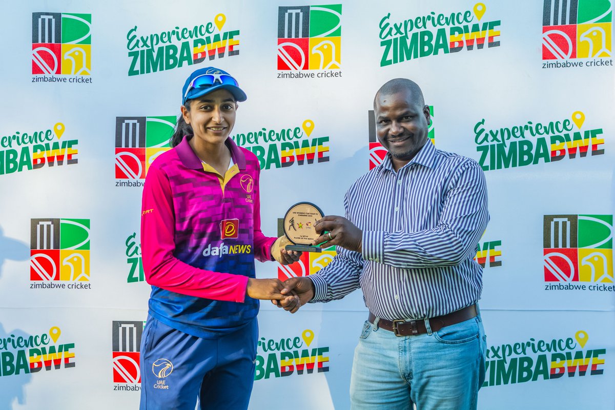 EmiratesCricket's tweet photo. A SERIES WIN IN ZIMBABWE FOR OUR SUPERSTARS!! 🫡🇦🇪
UAE beat Zimbabwe by 8⃣ runs in the 2nd T20I at the Queen's Park Bulawayo to take the two-match series 2-0!
Heena Hotchandani shines with 3/17 to spearhead the win and win the player of the match award. 
Captain Esha Oza named player of the series👏
Scores:
UAE: 130/7, 20 overs (Theertha Satish 44, Michelle Botha 36; Lindokuhle Mabhero 2-15)
Zimbabwe: 122/8, 20 overs (Modester Mupachikwa 39, Loryn Phiri 31; Henna Hotchandani 3/17)
Match details: https://t.co/b04IvKsqPT