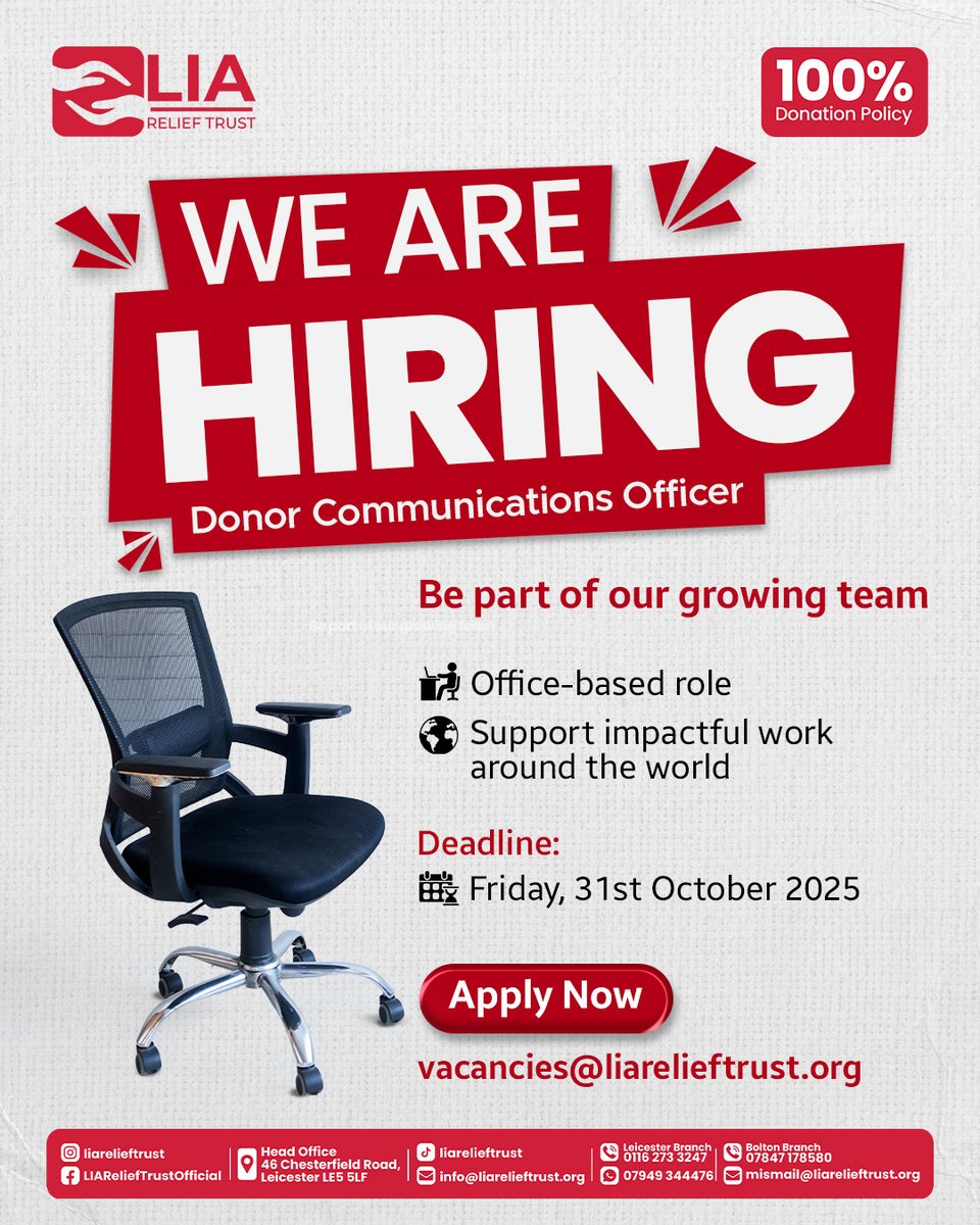 LIAReliefTrust's tweet image. 📢 We’re Hiring – Communications Officer

Join LIA Relief Trust and help shape the way we share our mission.

🏢 Office-based

🌍 Support impactful global work

📅 Apply by 31st Oct 2025

📧 operations@liarelieftrust.org

#LIAReliefTrust #JobAlert #CharityJobs #JoinOurTeam