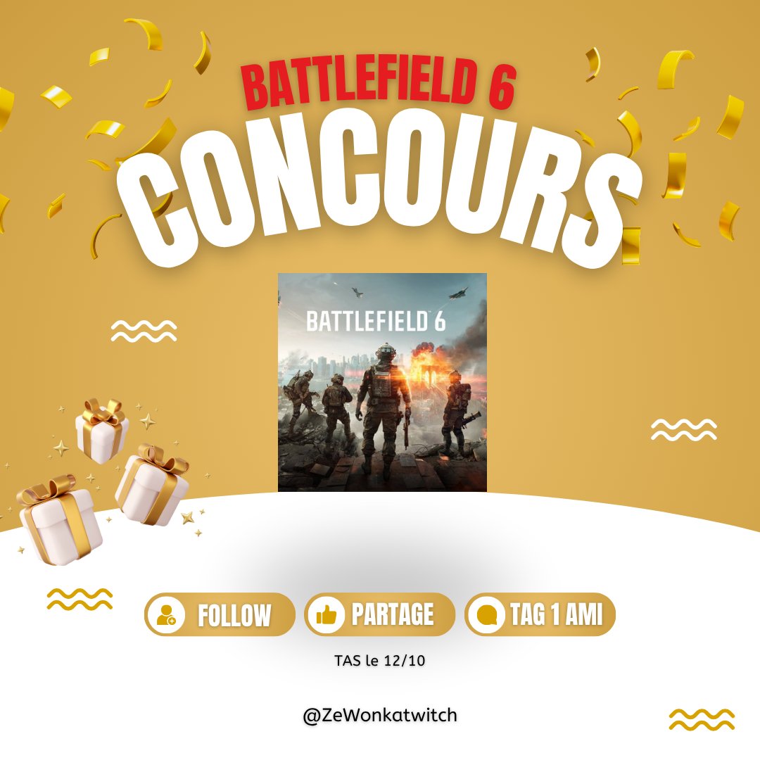 ZeWonkatwitch's tweet image. 🎁 CONCOURS 🎁

x1 #Battlefield6 à GAGNER ! (plateforme au choix)

Pour participer :
🔸 FOLLOW @ZeWonkatwitch 
🔹 FOLLOW moi sur TWITCH : twitch.tv/zewonka
🔸 RT ce tweet
🔹 MENTIONNE un ami

⏰ TAS en live le 12/10