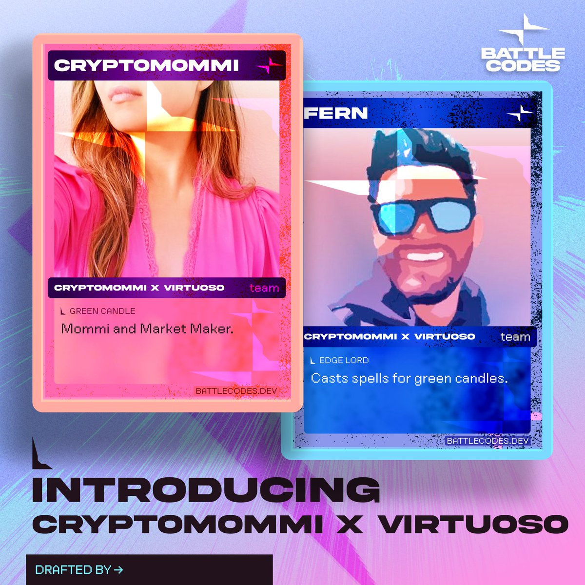 BATTLE CODES DRAFT DAY

@zetablockchain has picked <a href="/cryptomomlife/">cryptomommi</a> and <a href="/fernofalltrades/">fern</a> from Team Cryptomommi x Virtuoso as their players. We'll see you in the arena...

📍Live in NYC, 10/7. Registration details to attend in the thread