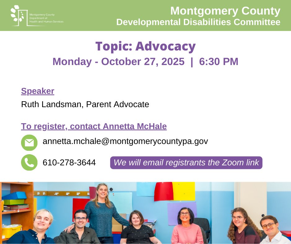 HHSMontcoPA's tweet image. The next #DevelopmentalDisabilities Committee meeting is Monday, October 27 at 6:30 PM. Ruth Landsman, a parent advocate, will lead the topic of Advocacy.

Registration (we will email you a Zoom link)
📧 annetta.mchale@montgomerycountypa.gov
📞 610-278-3644

#HHSMontcoPA
