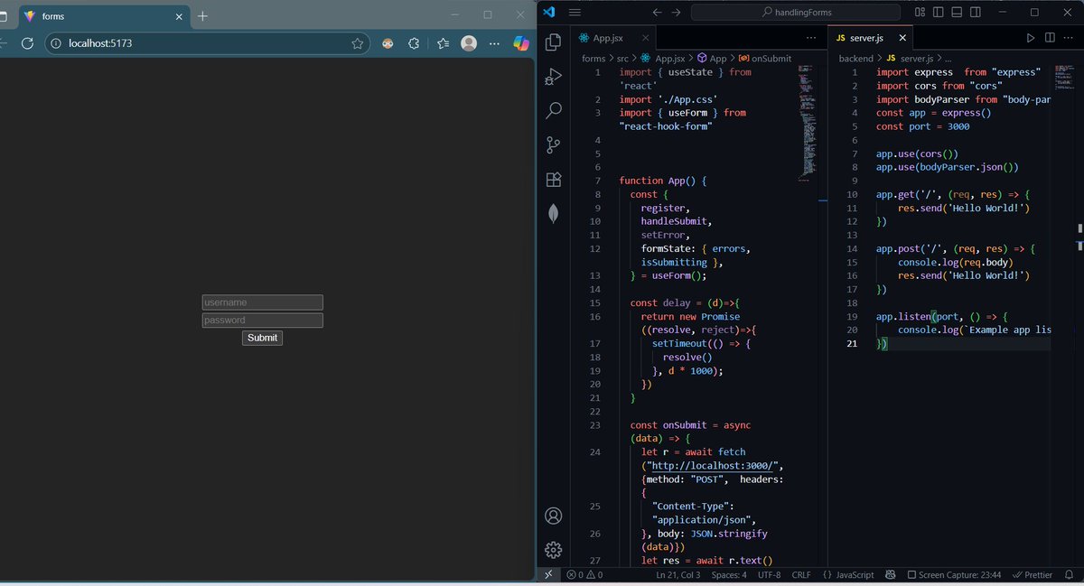 PatelNiharika05's tweet image. 🗓️Day : 72/75
✅ Learnt about Form handling in ReactJs and connecting ReactJs to ExpressJs.
#WebDevelopment #react #75DaysOfCode