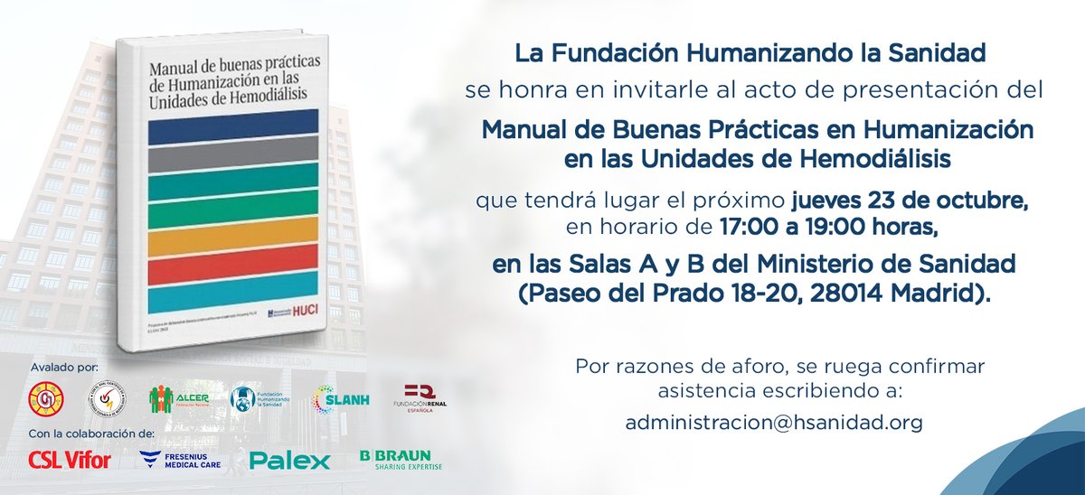 ATENCIÓN 📢📢📢

La Fundación Humanizando la Sanidad os invita a acudir a la presentación oficial del Manual de Buenas Prácticas en Humanización en las Unidades de #Hemodiálisis, que se va a celebrar el día 23 de Octubre a las 17 horas en <a href="/sanidadgob/">Ministerio de Sanidad</a>, Madrid