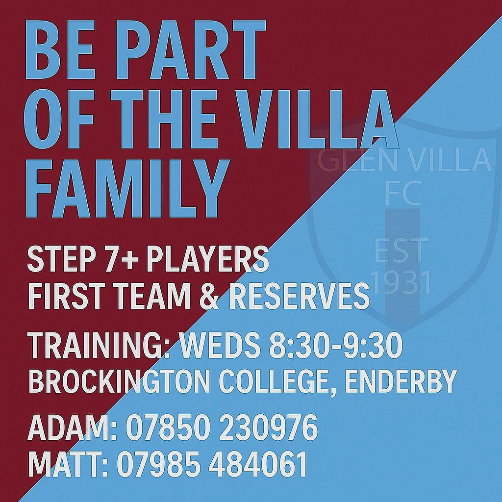 ⚽️ Join the Villa Family! ⚽️

We’re on the lookout for talented and committed Step 7+ players to strengthen our First Team and Reserves for the current season

Drop us a message or contact Adam or Matt to get involved 💙👊

<a href="/LeicsCFL/">LCFL Sponsored by Uptonsteel</a> <a href="/officialLSL1/">official LSL</a>
