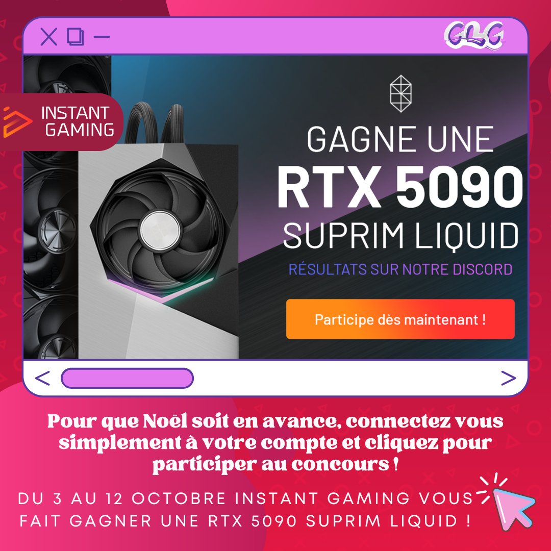 GeeksByGirls's tweet image. Pour encore mieux profiter de vos #Jeux, @InstantGamingFR vous propose de gagner une #RTX5090SUPRIMLIQUID du 3 au 12 octobre ! 🎮🔻
instant-gaming.com/fr/giveaway/rt…

✅ Connectez vous à votre compte &amp;amp; cliquez sur Participer !

❤#Gaming #GamingNews #JeuxVideo #PC #RTX5090 #GBG