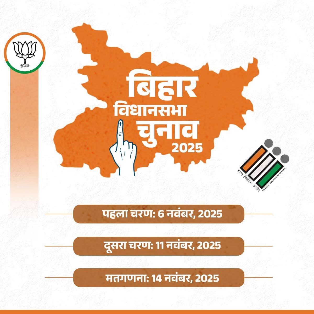 बिहार विधानसभा चुनाव 2025 — दो चरणों में होंगे मतदान।

पहला चरण: 6 नवंबर, 2025
दूसरा चरण: 11 नवंबर, 2025
मतगणना: 14 नवंबर, 2025

यह बिहार प्रदेश के भविष्य को आकार देने का सुनहरा अवसर है। अपने मत का प्रयोग करें और लोकतंत्र को मजबूत बनाएं! 
#14thNovNDAsarkar
#BiharElections2025