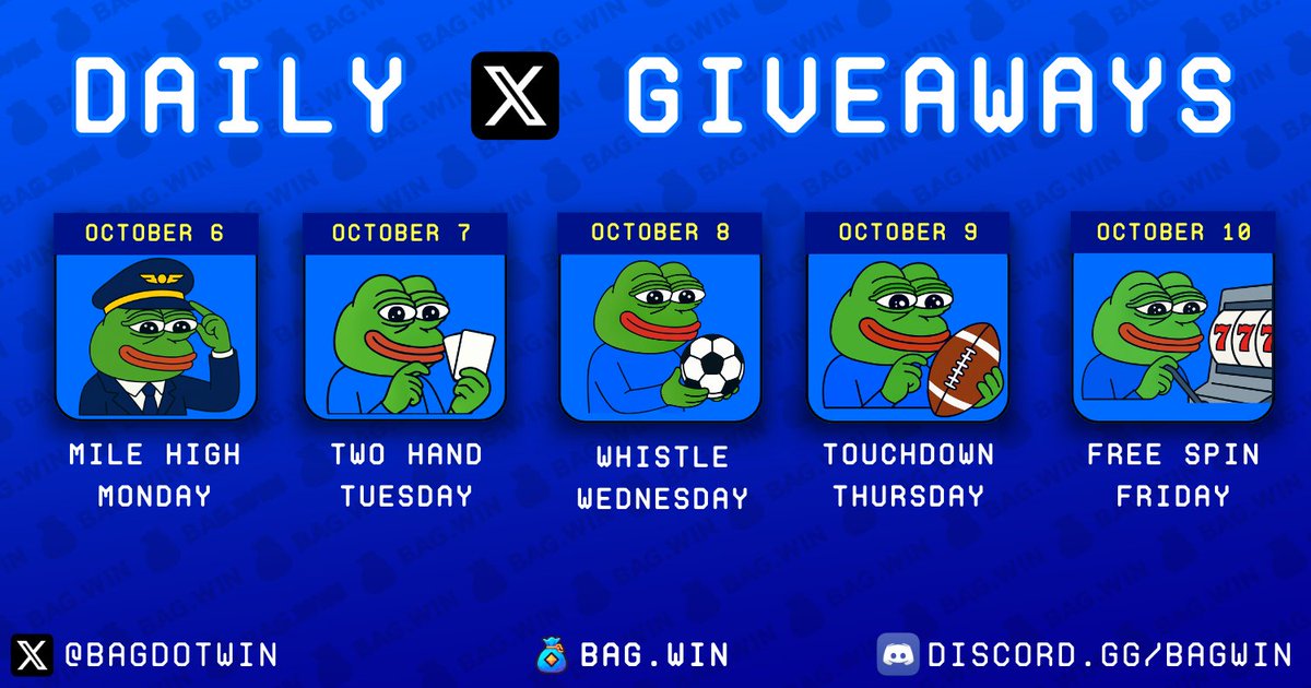 bagdotwin's tweet photo. 🚨 Week of Oct 6th X Giveaways 🚨

Every weekday = New chance to secure 💸 Bonus USD, Free Spins, & FreeBets 💰

LINEUP
✈️ Mile High Monday
🃏 Two Hand Tuesday
⚽️ Whistle Wednesday
🏈 Touchdown Thursday
🎰 Free Spin Friday

🔁 RT to enter for 25 Free Spins!
Congrats to last week’s winner - @CzechRaze - bag secured 💰