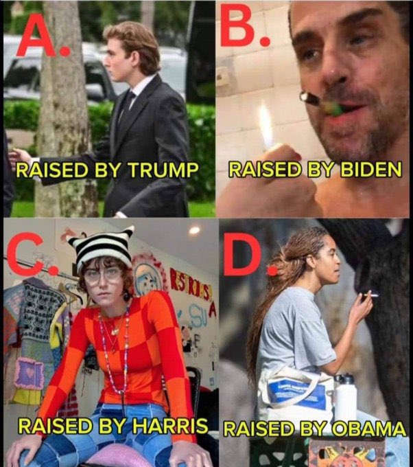 🚨QUESTION: If we were in 2052, who would you choose to lead?

A. Barron Trump
B. Hunter Biden
C. Ella Emhoff
D. Malia Ann Obama