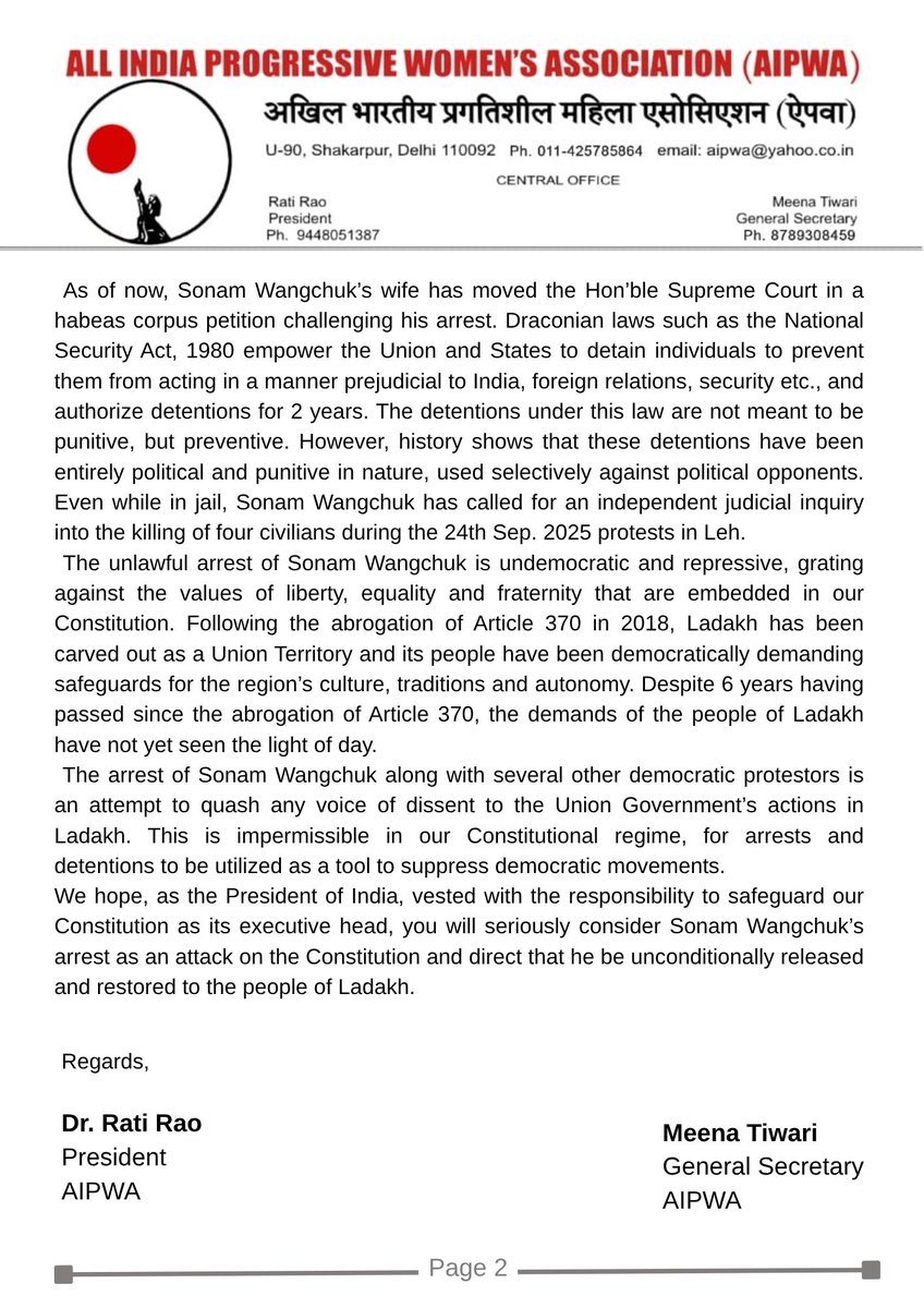 AIPWA writes to the <a href="/rashtrapatibhvn/">President of India</a> seeking immediate and unconditional release of <a href="/Wangchuk66/">Sonam Wangchuk</a>! We are with the people of #Ladakh demanding statehood, sixth schedule status and protection of their land &amp; environment. In solidarity with <a href="/GitanjaliAngmo/">Gitanjali J Angmo</a>