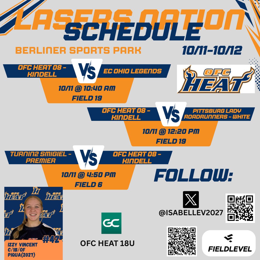 Schedule drop 👇 for <a href="/LaserShowcase/">Laser Nation Showcase</a> !  Come catch a game at Berliner!
<a href="/Ofc18u/">OFC Heat 18U-Kindell</a> <a href="/piquasoftball/">Piqua Indians softball</a> <a href="/Coach_MGardner/">Michelle Gardner</a> <a href="/greg_mcquillin/">Greg</a> <a href="/nix131313/">Coach Nix</a> <a href="/ZipsCoachZ/">Sara Zilles</a> <a href="/Paige_McMenemy/">Paige McMenemy</a> <a href="/MeganMcMenemy25/">Megan (McMenemy) Bammann</a> <a href="/ODU_Softball/">Ohio Dominican Softball</a> <a href="/mckenziebump/">z</a> <a href="/coachkylee/">Coach KB</a>