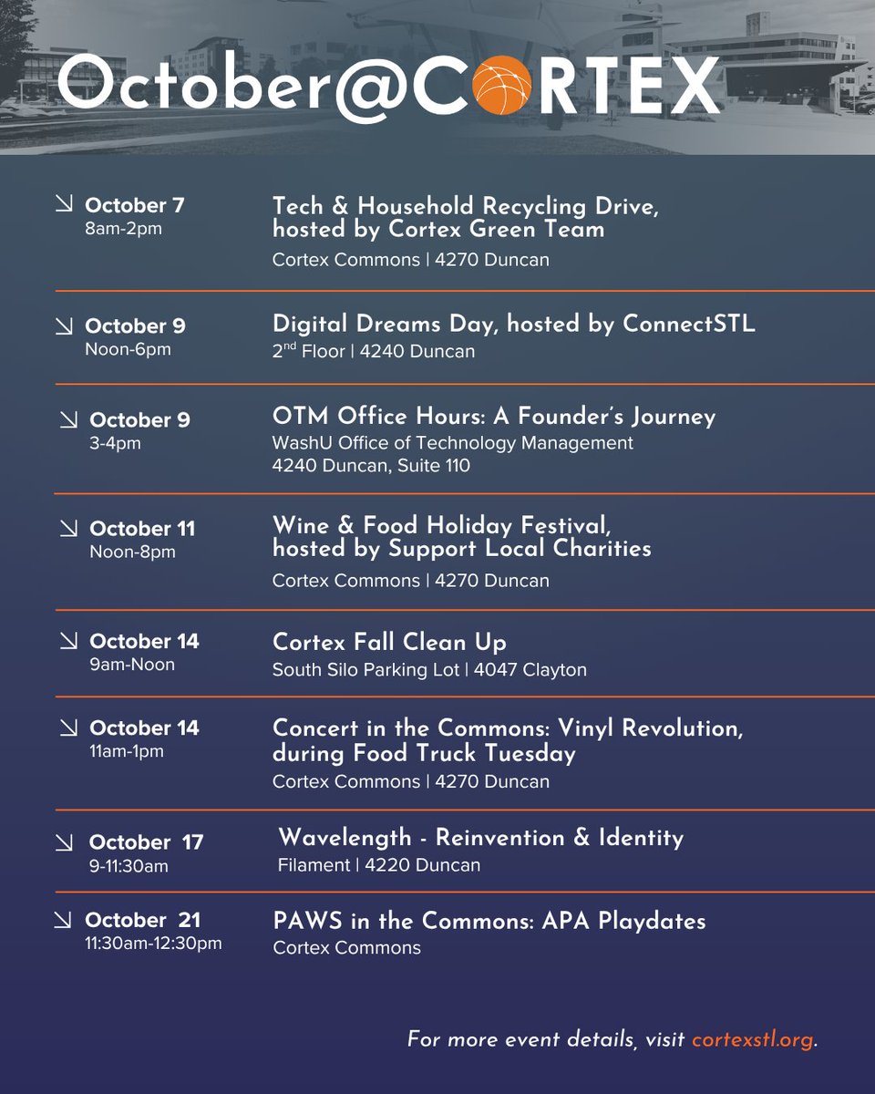 CortexSTL's tweet image. Fall is here and October is packed with innovation, learning, and community at Cortex! 🍂 Follow us on IG Stories and visit our Events calendar for daily updates: cortexstl.org/gather/events