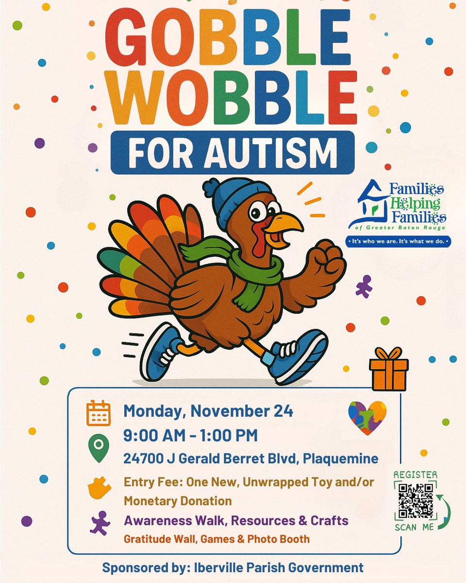 🎁👟 Join the Gobble Wobble for Autism &amp; Toy Drive! Walk, support families, or be a vendor. Nov 24 @ IPRD Park, Plaquemine.
🔗 Participants: tinyurl.com/GobbleWobbleNo…
🔗 Vendors: tinyurl.com/GobbleWobbleVe…