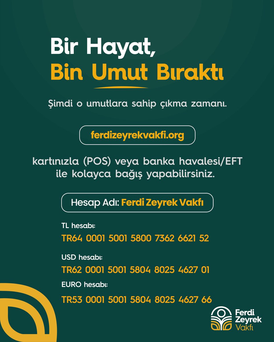 Bağışlarınızla bir gencin hayatına dokunabilir, bir çocuğa umut olabilirsiniz. 

👉🏻 ferdizeyrekvakfi.org