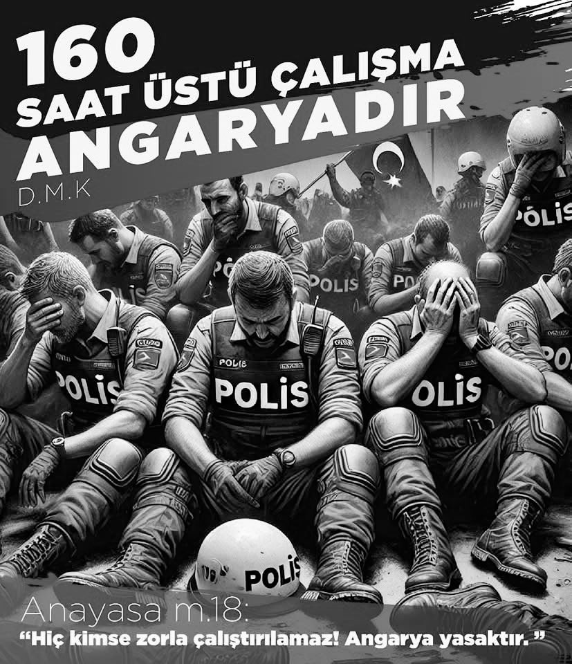 Ne renk çorap giyeceği bile kanunla belli olan polisin günlük,haftalık kaç saat çalışacağını belirleyen kanun yok. Fazla mesai ücretide olmayınca sabit maaşla sınırsız çalışmak var. Polislere normal mesai haricinde maç,konser,mitingde vs ek görev yazılıyor. 

#PolislerSoruyor