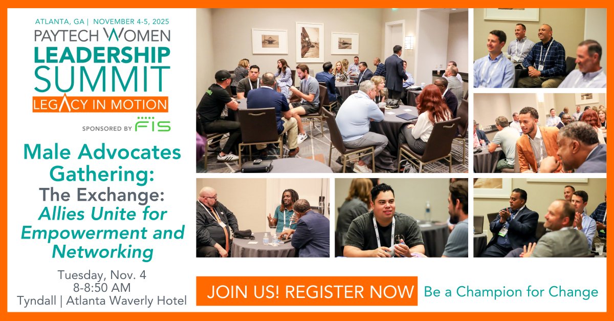 📢 Men in #paytech #payments #fintech #financialservices: Join us at #PTWSummit2025, sponsored by <a href="/FISGlobal/">FIS</a> for:
💡 Male Advocates Gathering: The Exchange: Allies Unite for Empowerment and Networking
📆11/4. 8AM, Renaissance Atlanta Waverly Hotel
🔗 bit.ly/4bMnimy