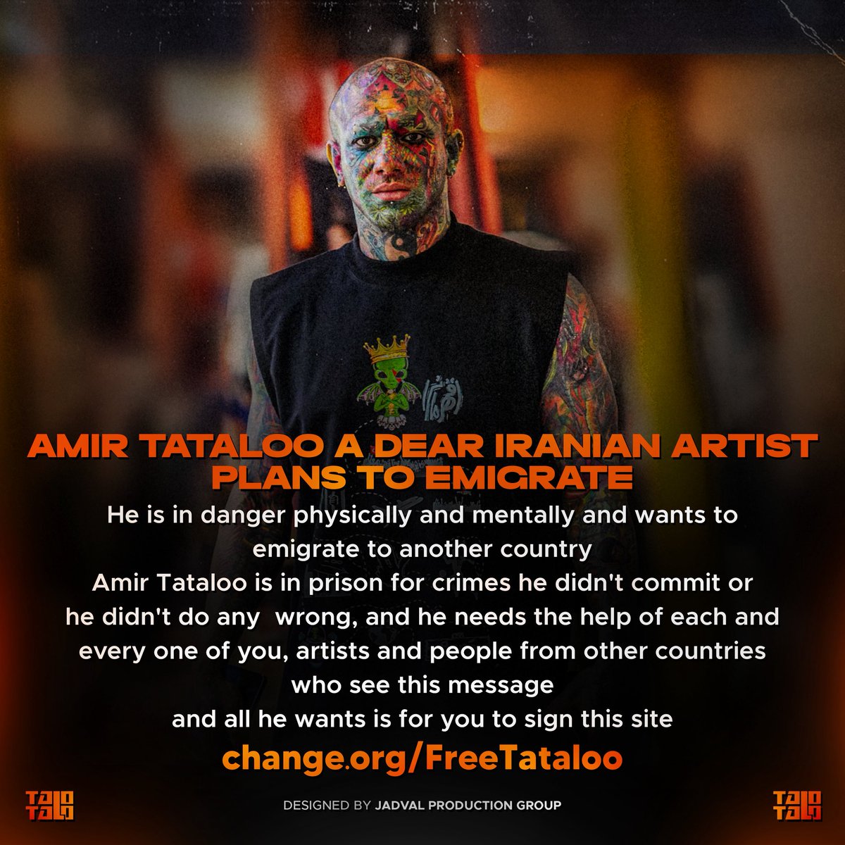 AmirTatalooTeam's tweet photo. Amir Tataloo is jailed for crimes he didn’t commit. He’s in danger &amp; needs your help to emigrate. Please sign &amp; share:
https://t.co/boxWc2lB9B
@UNHumanRights @UN_HRC @amnesty
امیر تتلو در خطره و قصد مهاجرت داره، لطفاً امضا و پخش کنید https://t.co/WGIt2YRHlT