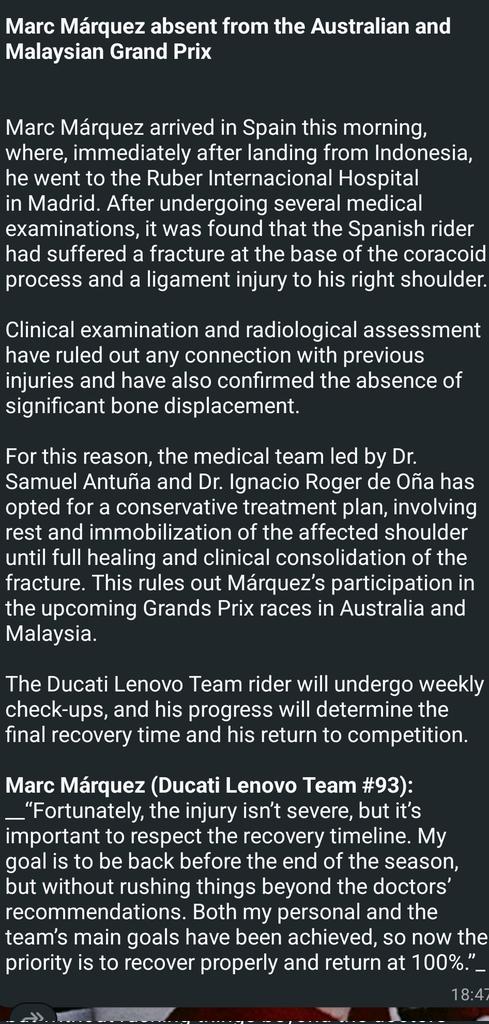 Rubén Carballo (@ruben_dxt) on Twitter photo OFICIAL: Marc Márquez se perderá los Grandes Premios de Australia y Malasia, segundo doblete de la gira asiática, confirma Ducati. 
Tiene fractura, pero no relacionada con el pasado. Los doctores optarán por un tratamiento conservador. #MotoGP OFICIAL: Marc Márquez se perderá los Grandes Premios de Australia y Malasia, segundo doblete de la gira asiática, confirma Ducati. 
Tiene fractura, pero no relacionada con el pasado. Los doctores optarán por un tratamiento conservador. #MotoGP