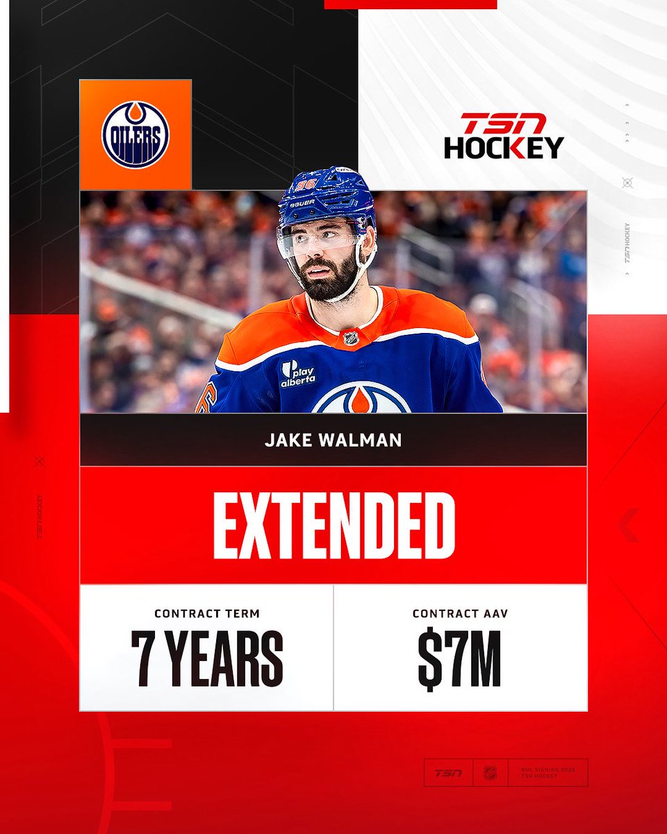 TSN_Sports's tweet image. The Edmonton Oilers have locked in Jake Walman for 7 more years.