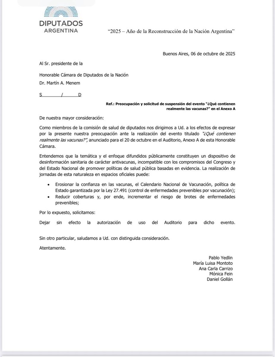 Autoridades de la comisión de salud de <a href="/DiputadosAR/">Diputados Argentina</a> expresamos nuestra preocupación por una actividad “antivacunas”que pretende organizar una diputada del <a href="/proargentina/">PRO</a>  y pedimos su suspensión.
La “anticiencia” no puede tener lugar en un país serio.