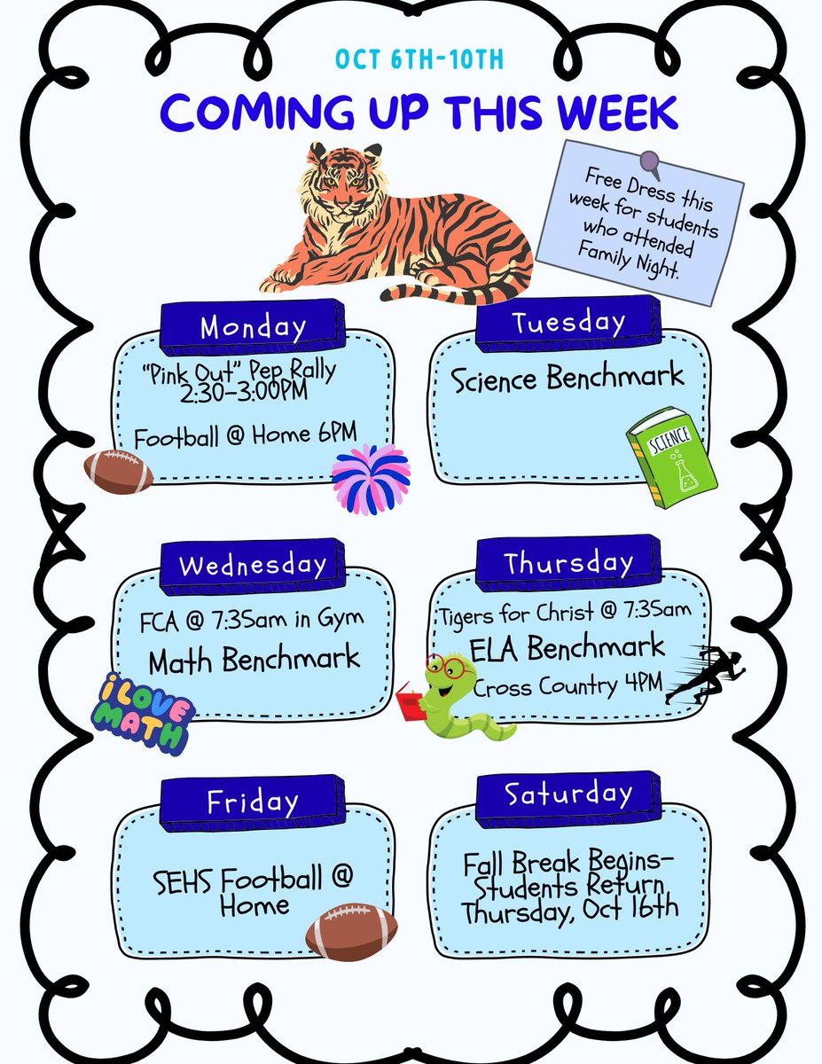 Heads up! It is Benchmark 1 week. We hope this calendar helps you keep up with our school's schedule for the week. Please encourage students to attend school every day.