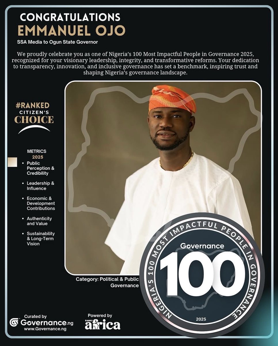 sfojoemmanuela's tweet image. APPRECIATION POST

I am deeply honored to be recognized among Nigeria’s 100 Most Impactful People in Governance 2025 by @governancengx and @RanksAfrica.

This recognition is not just about me — it is a reflection of the vision, leadership, and commitment of His Excellency, Prince…