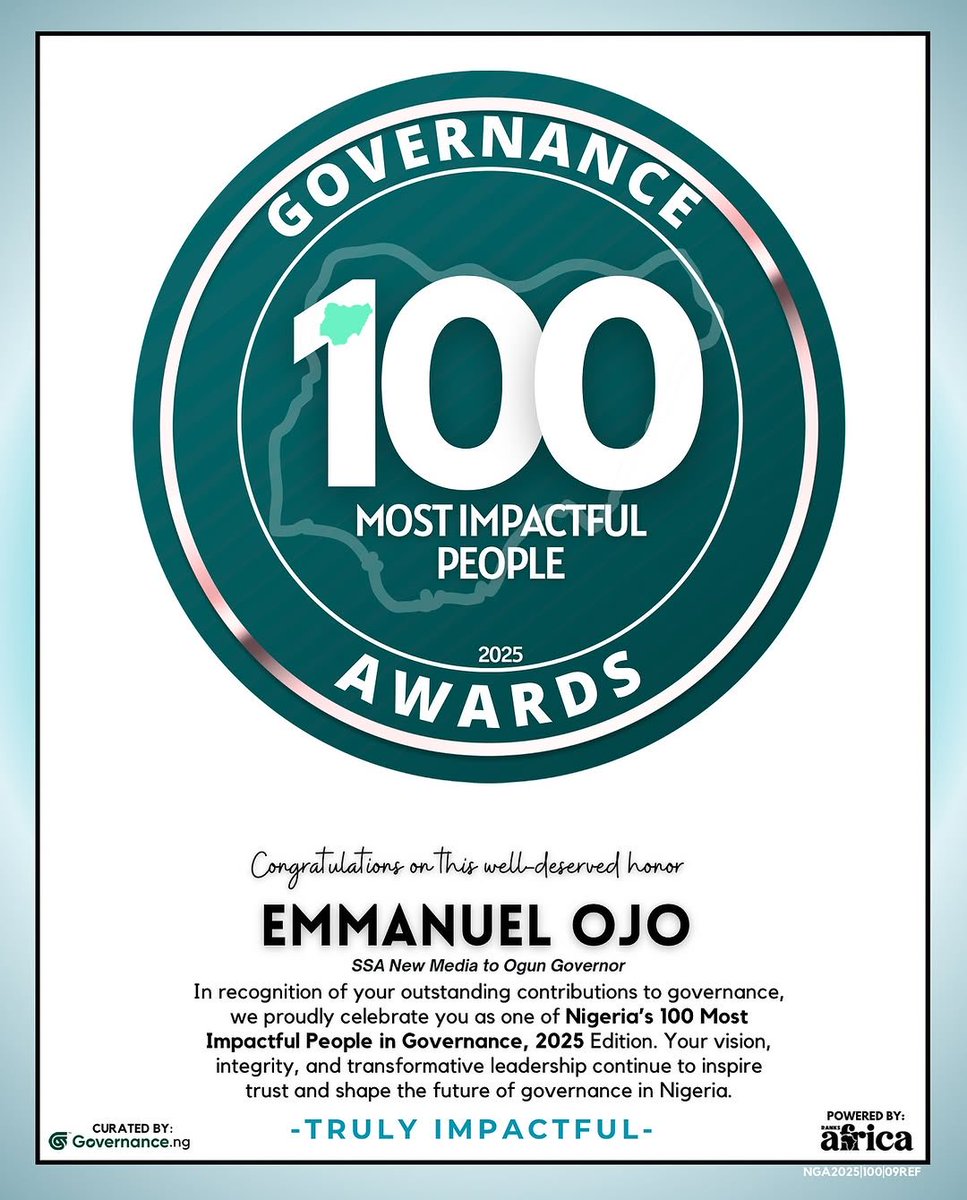 sfojoemmanuela's tweet image. APPRECIATION POST

I am deeply honored to be recognized among Nigeria’s 100 Most Impactful People in Governance 2025 by @governancengx and @RanksAfrica.

This recognition is not just about me — it is a reflection of the vision, leadership, and commitment of His Excellency, Prince…