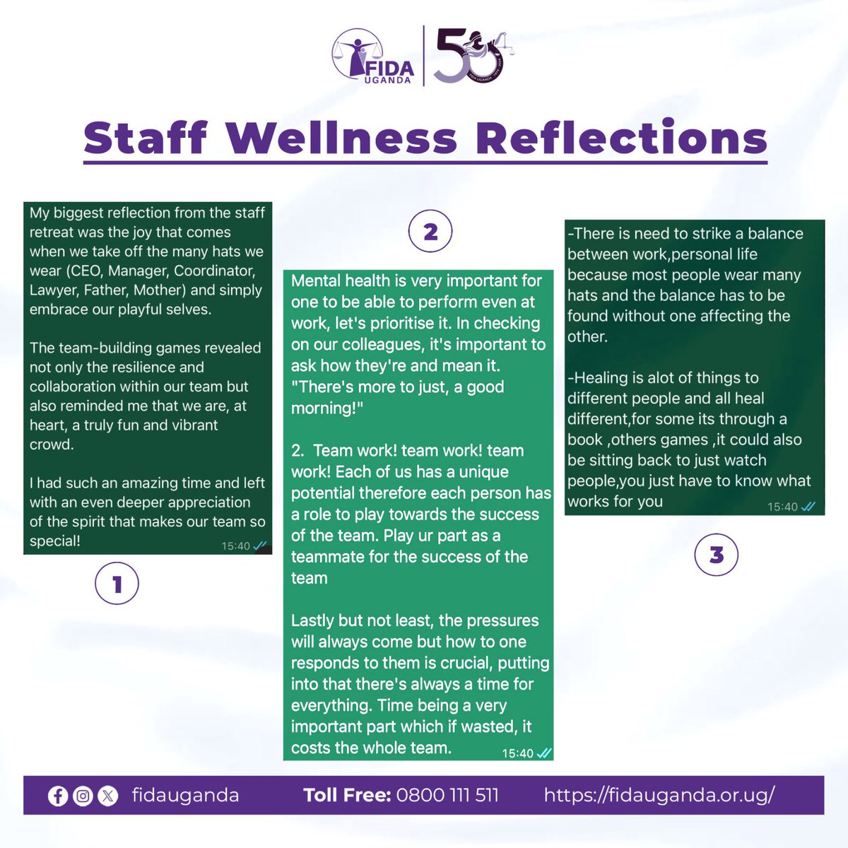 At FIDA-Uganda, we recognize that wellness begins with balance, between work, personal life, and self-care 💚. Our staff wellness reflections remind us that mental health is not a luxury but a priority. 
#MentalHealthAwareness
