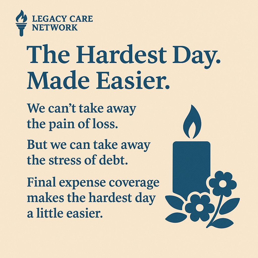 lagacynetwork's tweet image. The Hardest Day. Made Easier.

We can’t take away the pain of loss.
But we can take away the stress of debt.
Final expense coverage makes the hardest day a little easier.
#LegacyCareNetwork #EasierGoodbyes #PeaceNotBills #FinalExpenseHelp
