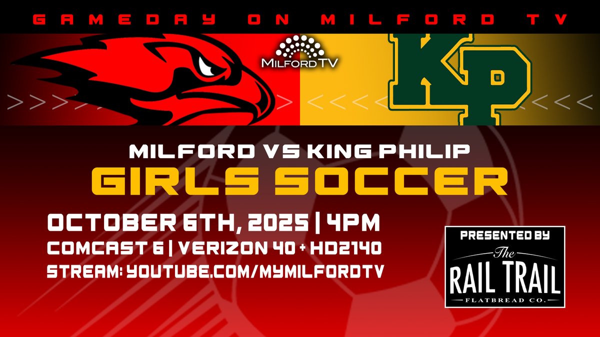 The sun will be shining bright today as MHS Girls Soccer tales on King Philip - catch all of the action starting at 4pm!

Comcast 6
Verizon 40 + HD2140
Stream: youtube.com/mymilfordtv

Presented by <a href="/RailTrailFBCo/">The Rail Trail Flatbread Company</a>