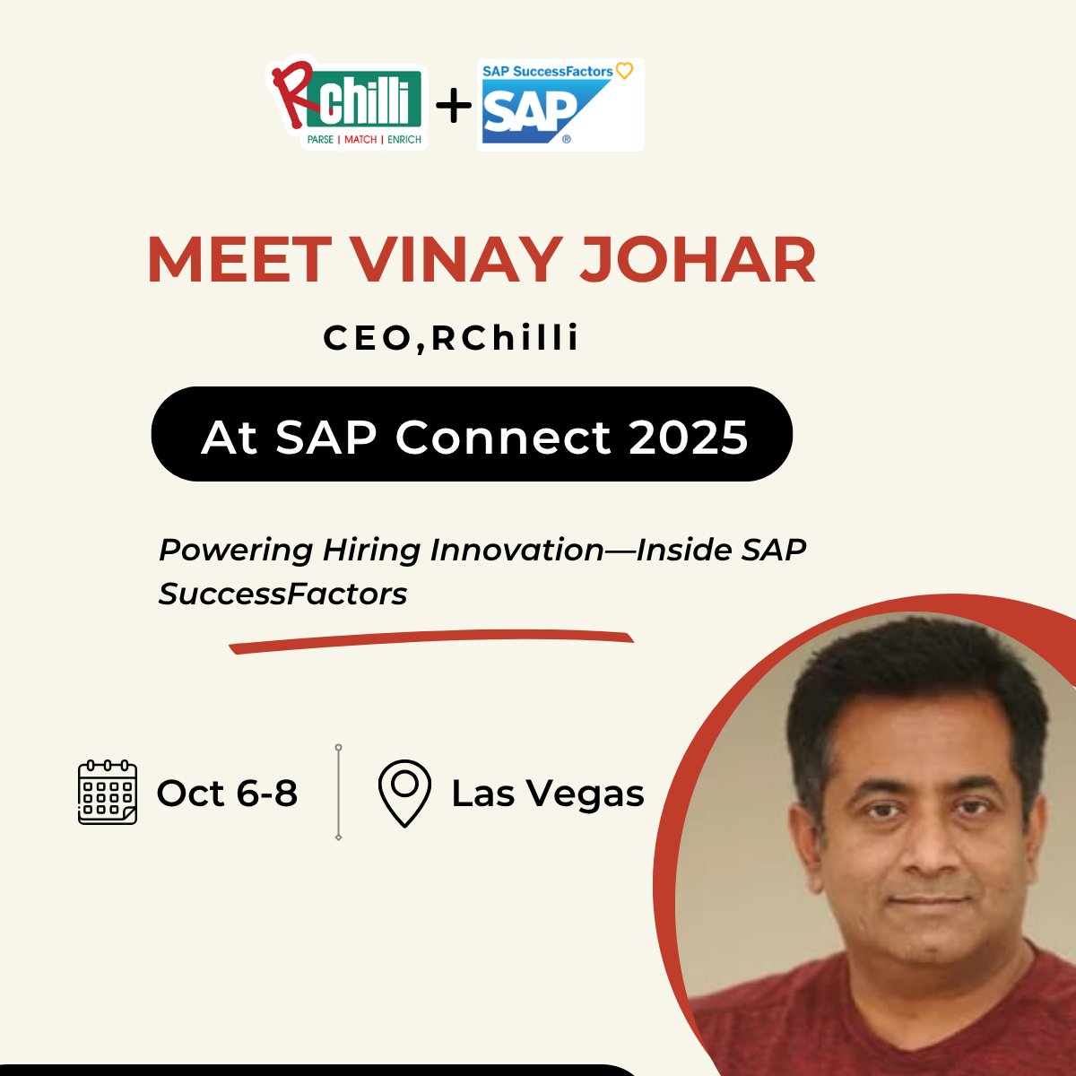 Day 1 of SAP Connect 2025 in Vegas! Meet our CEO, Vinay Johar, onsite. If you use SAP SuccessFactors, discover how RChilli can: automate resume intake, enrich &amp; standardise data, redact PII, and eliminate manual entry. Don’t miss out! #SAPConnect #HRTech #AIRecruiting
