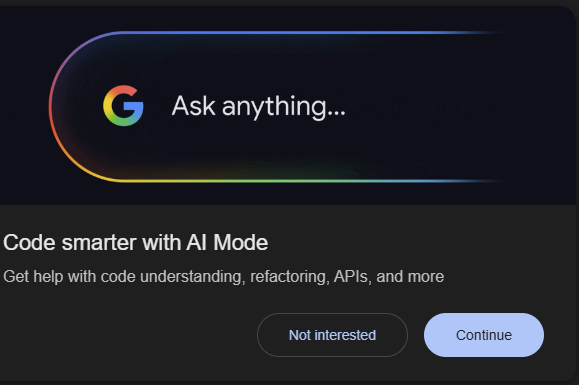 w3shaon's tweet photo. Google is showing a popup prompting users to search using its AI mode.

#googleAI #google #seo #AImodel #searchenginemarketing #learningw3 #w3solved https://t.co/zY5gKthhU1