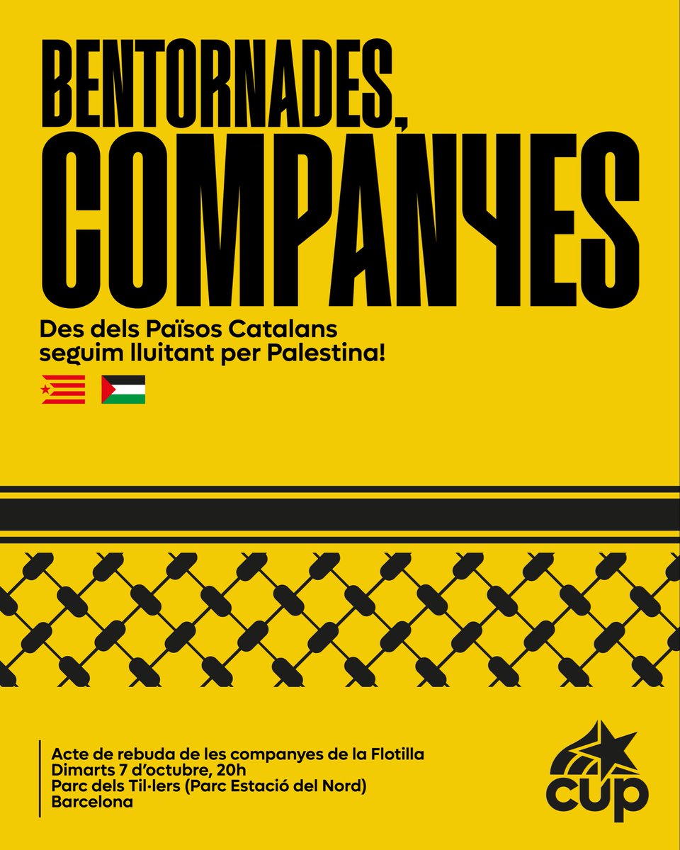 🇵🇸✊ Bentornades companyes! 

Agraïm-los el coratge d’haver posat el cos en aquesta causa col·lectiva que és de tota la humanitat.

Demà, acte de benvinguda al Parc dels Til·lers de Barcelona