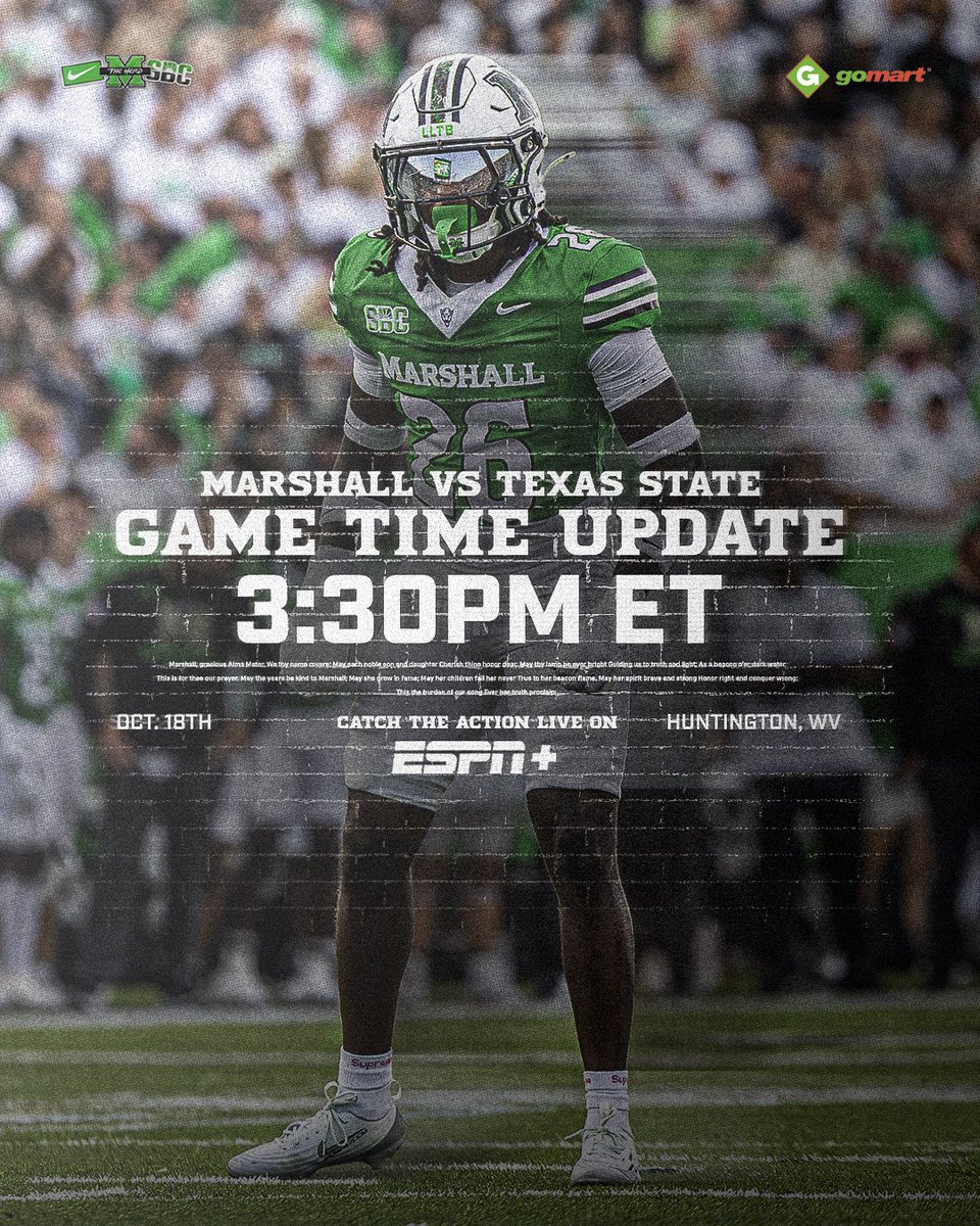 HerdFB's tweet photo. 𝑯𝒐𝒎𝒆𝒄𝒐𝒎𝒊𝒏𝒈 𝑮𝒂𝒎𝒆-𝑻𝒊𝒎𝒆 𝑺𝒆𝒕!

Marshall Football's Oct. 18 matchup with Texas State will be a 3:30 p.m. kickoff and will be shown on ESPN+.

🔗: https://t.co/QdthNzHZ16 https://t.co/mZU7QkEhiO