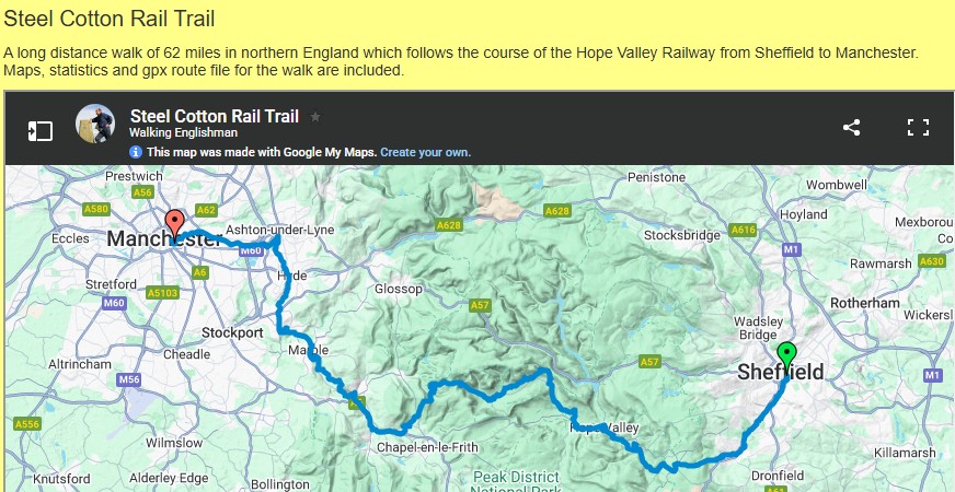 Hop on/hop off the train at any station, between Sheffield and Manchester, on the Hope Valley Railway - and you can complete this new long distance walk without any need for a car.

walkingenglishman.com/ldp/steelcotto…