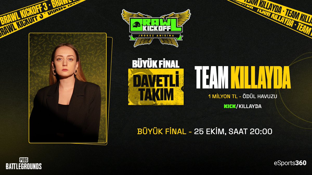 PUBG_TUR's tweet image. Killayda, Brawl Kickoff 3 sahnesinde yerini aldı! 🔥

TEAM Killayda, büyük final için hazır!

@Kick_Turkey @TheKillayda