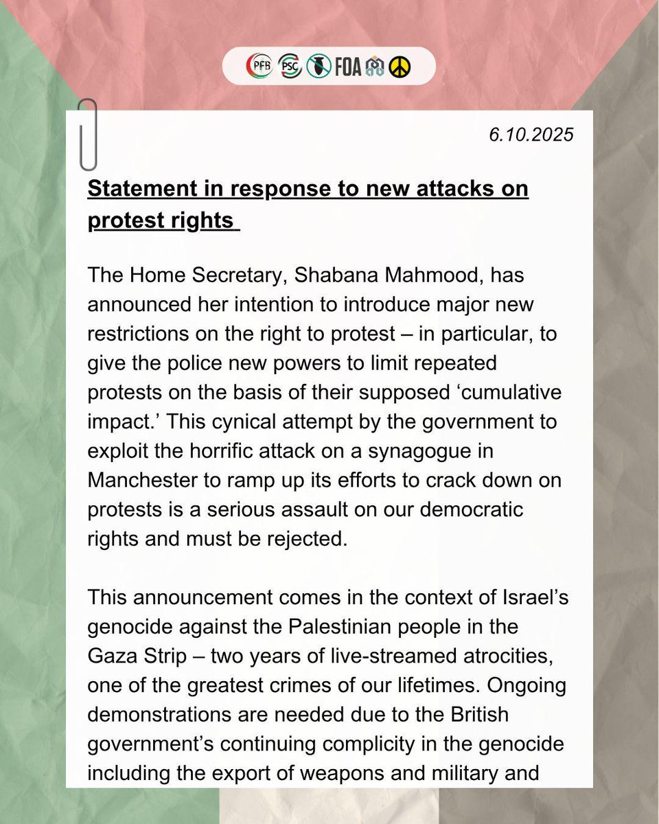 STWuk's tweet image. We urge everyone to join us in opposing the government&apos;s attack on democratic rights. We will not be silenced, but nor will we be distracted.

Palestine coalition statement in response to new attacks on protest rights 1/2 🔽