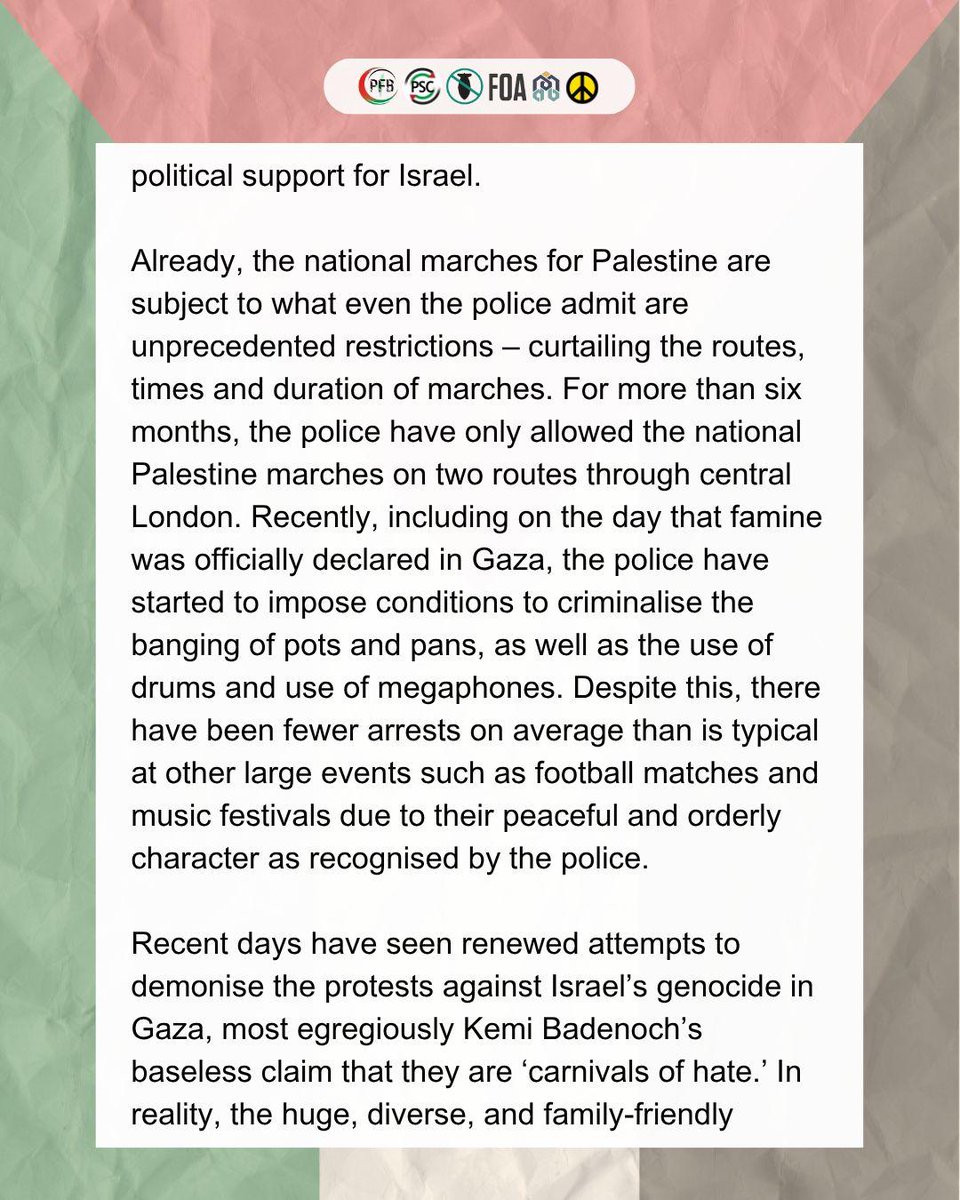 STWuk's tweet image. We urge everyone to join us in opposing the government&apos;s attack on democratic rights. We will not be silenced, but nor will we be distracted.

Palestine coalition statement in response to new attacks on protest rights 1/2 🔽