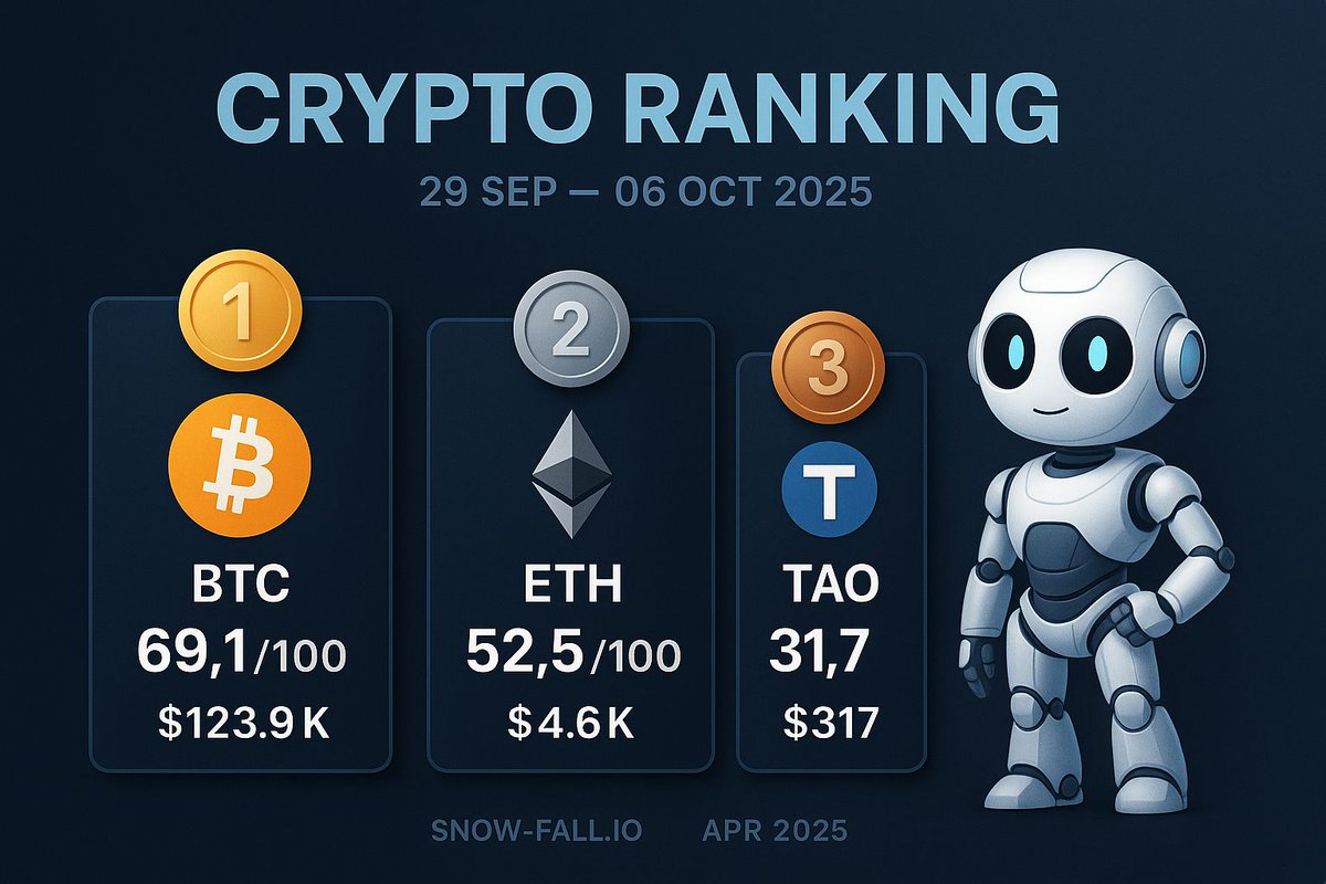 Snow_FalI's tweet image. 📊 #CryptoRanking | Week 29 SEP – 06 OCT 2025
Category 1 — the market titans.

🥇 #BTC: 69.1/100 — $123.9K
Still the undisputed king 👑, backed by unmatched liquidity.

🥈 #ETH: 52.5/100 — $4.6K
Solid, steady, but lacking real momentum lately.

🥉 #TAO: 31.7/100 — $317